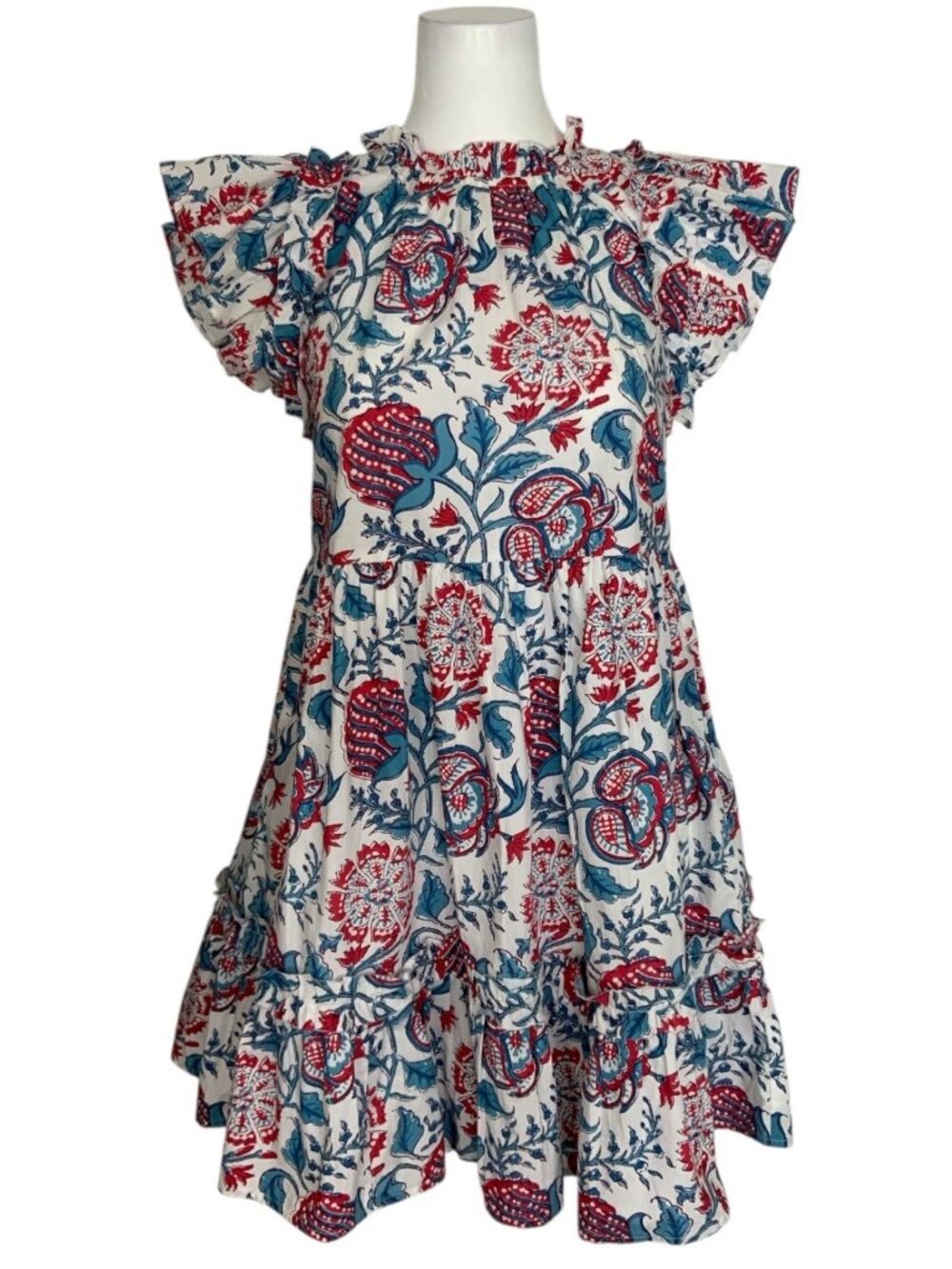 Caroline Constas Ruffle Floral Dress XS Red Blue Mini NEW